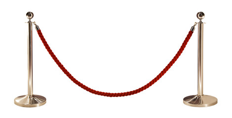 Silver racks with red restraining rope. Barrier, enclosed VIP area, protected enterance, private event, luxury gala concept. Stairs to the penthouse.