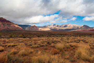 Late Morning Sun and Clouds on Bridge Mountain La Madre Mountain Range Wilderness and White Rock Hills from Lower Red Rock Parking Area