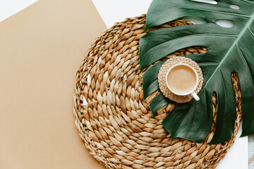Top view coffee cup, monstera tropical leaf. Minimal background for bloggers - 432052093