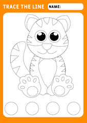 little tiger. Preschool worksheet for practicing fine motor skills - tracing dashed lines. Tracing Worksheet. Illustration and vector outline - A4 paper ready to print.
