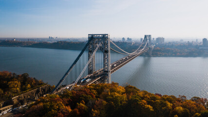 Aerial of George Washington Suspension Bridge over Hudson River at Autumn Sunrise - Interstate 95, US Route 1 & 9 - Fort Lee, New Jersey & Bronx, New York City, New York - 432052635