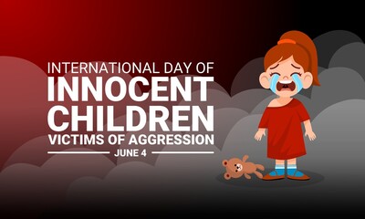 Vector illustration of little girl crying against the background of smoke from the war, as a banner, poster or template for International Day of Innocent Children Victims of Aggression.