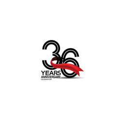 36 years anniversary logotype flat black color and red ribbon on white background can be use for company celebration, greeting card and invitation