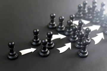 Chess Pawns On Black Background, Network Marketing Concept. Business.
