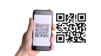 Qr code mobile. Hand holding digital mobile smart phone with qr code scanner on smartphone screen for pay, scan barcode technology. Qrcode payment, online shopping, cashless technology concept.