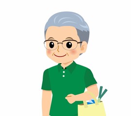 緑のポロシャツのおじいさん