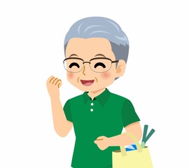 緑のポロシャツのおじいさん