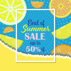 Banner Summer Sale. Background with the effect of torn paper in blue and yellow colors. With lemon and orange slices 1