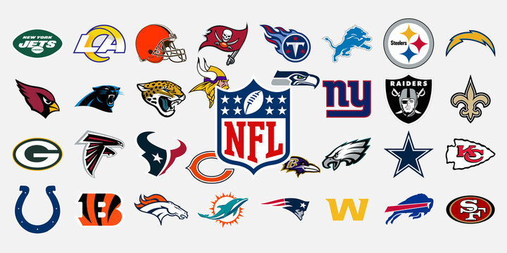 SAINT-PETERSBURG, RUSSIA, MAY 04 2021: Logo of all national football league teams. NFL team icons. Set all the new football teams logos. Vector eps illustration.