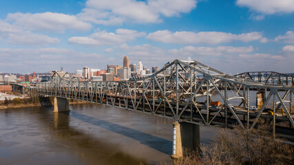 Aerial of Brent Spence Truss Bridge Closed for Structural Repairs - Interstates 71 & 75 over Ohio River - Cincinnati, Ohio & Covington, Kentucky