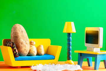 A quirky metaphorical concept image showing a potato family lying on a couch watching tv in a living room setting. Image for being couch potato, obesity, sedentary lifestyle and health effects.