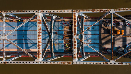Aerial of Brent Spence Truss Bridge Closed for Structural Repairs - Interstates 71 & 75 over Ohio...