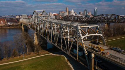 Aerial of Brent Spence Truss Bridge Closed for Structural Repairs - Interstates 71 & 75 over Ohio River - Cincinnati, Ohio & Covington, Kentucky - 432054612