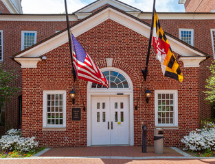 Close up isolated image of the entrance of Maryland State Senate Office Complex in a beautiful garden on a sunny spring day. The complex is located near State House in the capital city of Annapolis.