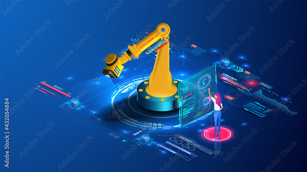 Leinwandbilder the girl conducts industrial maintenance of the mechanized arm. factory automated manual repair of m