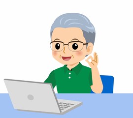 緑のポロシャツのおじいさん