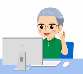 緑のポロシャツのおじいさん