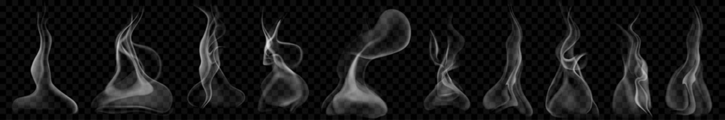 Set of several realistic transparent smoke or steam in white and gray colors, for use on dark background. Transparency only in vector format