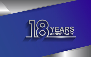18 years anniversary silver color line style isolated on blue background for template, company celebration, special moment and greeting card