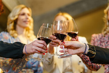 Close up on hands of unknown women holding a glasses of red wine toasting