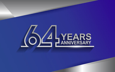 64 years anniversary silver color line style isolated on blue background for template, company celebration, special moment and greeting card