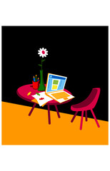 Convenient workplace for remote work. Computer, flower, candy, cup with pencils. Vector image for illustrations.