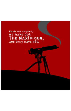 Poster with a silhouette of a vintage machine gun and a quote from Kipling. Vector image for logo, prints or illustrations.