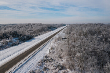 Aerial of KY Route 67 / Industrial Parkway Along Snow Covered Ridge - Appalachian Mountains of Eastern Kentucky