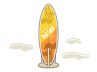 砂浜に立てているサーフボードのイラスト