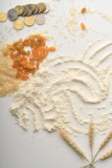 Flour, wheat, rice, raisins and coins on a white background