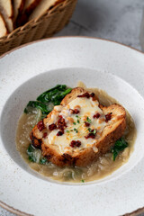 Soft croque monsieur with onion, cheese and spinach, expensive fancy restaurant menu