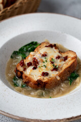 Soft croque monsieur with onion, cheese and spinach, expensive fancy restaurant menu