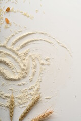 Flour, wheat, rice, raisins and coins on a white background