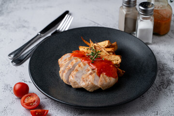Light restaurant dinner with chicken breast and potato slices, small portion on a big black dish