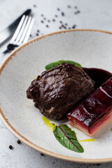 Sous vide beef with mashed potato, slow cooking in a restaurant
