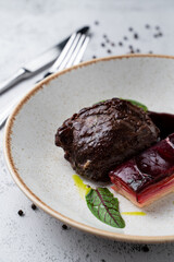 Close up of sous vide beef with mashed potato, slow cooking in a restaurant