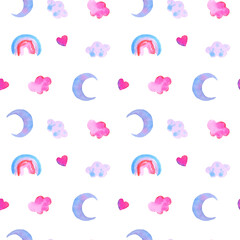 Watercolor cute rainbow cloud moon and heart seamless pattern. Pink violet blue isolated images for cards, banner, linens, children, textile, invitation print template - 432058404