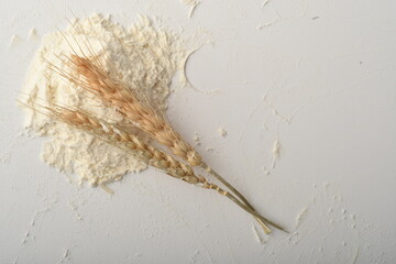Flour, wheat, rice, raisins and coins on a white background
