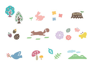 森　小動物　花　植物　かわいいイラストセット