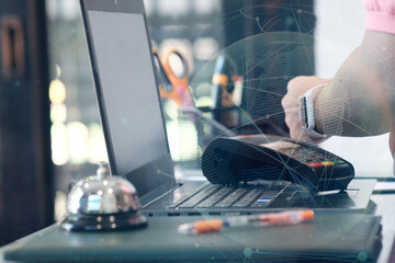 Person using smart watch for contactless payment and near field communication smartwatch payment