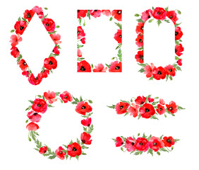 Red poppies frames collection foe wedding, save the date cards, posters, birthday cards. Hand drawn floral borders. Flowers wreath. Watercolor isolated on white