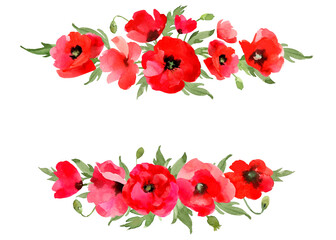 Red poppies watercolor border. Flowers card template. Hand drawn botanical illustration