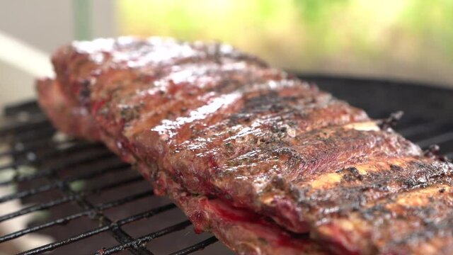 Carne variada sobre barbacoa en el exterior con amigos de fondo