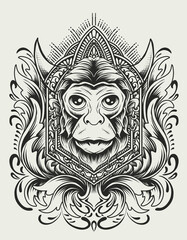 Illustration vector monkey head with vintage engraving ornament