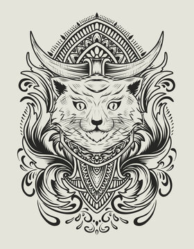 Illustration vector cat head with vintage engraving ornament