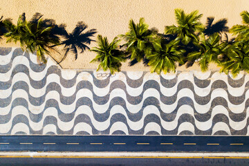 Top View of Copacabana Mosaic Sidewalk and Palm Trees at the Beach in Rio de Janeiro, Brazil