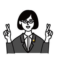 女性　ミドルエイジ 　士業　メガネ　ベクター　ポップ　幸運を祈る
