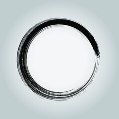 Black grunge circle shape. Black Enso Zen symbol. Circular label, logo, text frame, banner, badge. Grunge design element. Isolated. Distress texture. Ink brush strokes