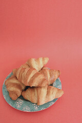 Closeup delicious homemade golden croissants on turquoise plate and salmon pink coral background
