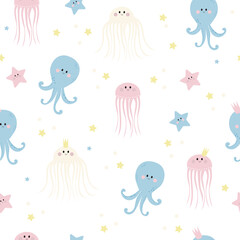 Seamless patterns with sea inhabitants. Cute starfishes, jellyfish and octopus on a white background. Vector. For design, decor, printing, packaging, textiles and wallpaper